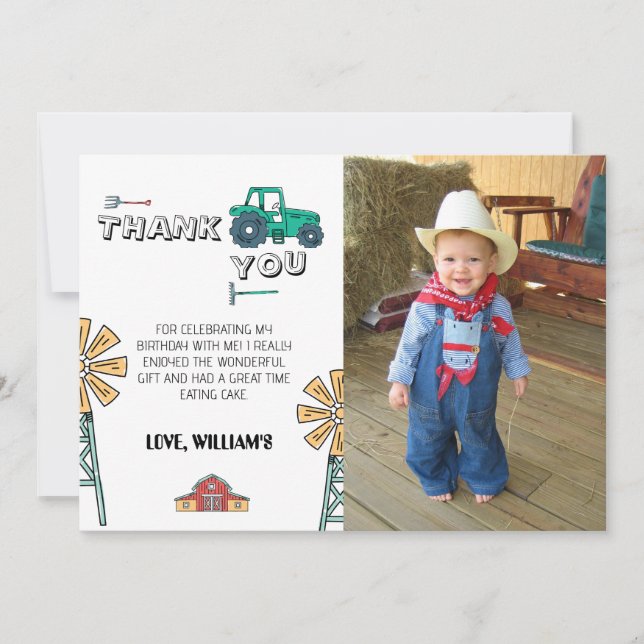 Sketchy Tractor Farm Photo Birthday Thank You Card (Front)
