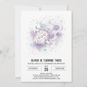Sketchy Violet Space Rocket Birthday Invitation