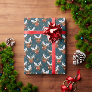 Sketchy Winking Reindeer Face Teal Pattern Wrapping Paper