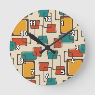 Skewed Squares Midcentury Pattern Round Clock