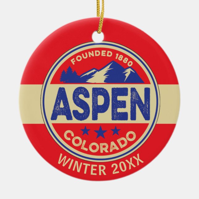 Ski Aspen Blue & Red  Ceramic Tree Decoration (Front)