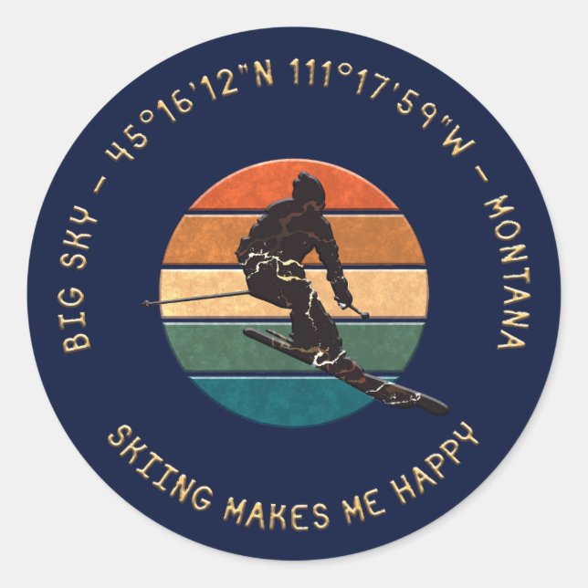 Ski Big Sky, Montana - Man Skier,  Golden Text Classic Round Sticker (Front)