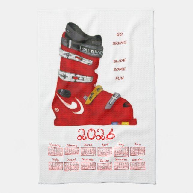 Ski Boot Go Skiing Slide Some Fun 2026 Calendar Tea Towel (Vertical)