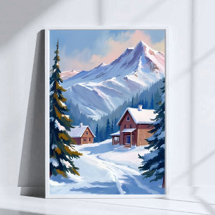 Ski Cabin Mountain Landscape Watercolor Winter Poster