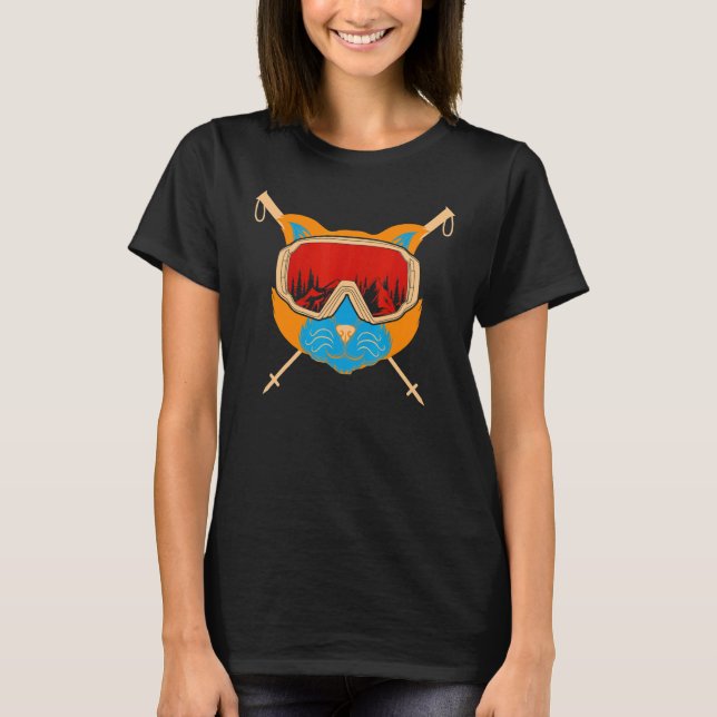 Ski Cat Goggles Skiing & Cat  Snow Mountain Skier T-Shirt (Front)