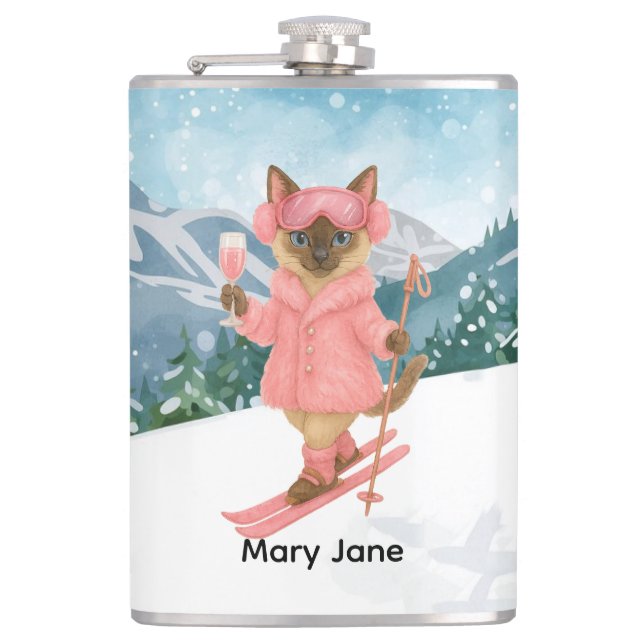 Ski Cat is skiing in Pink Bachelorette Party  Hip Flask (Front)