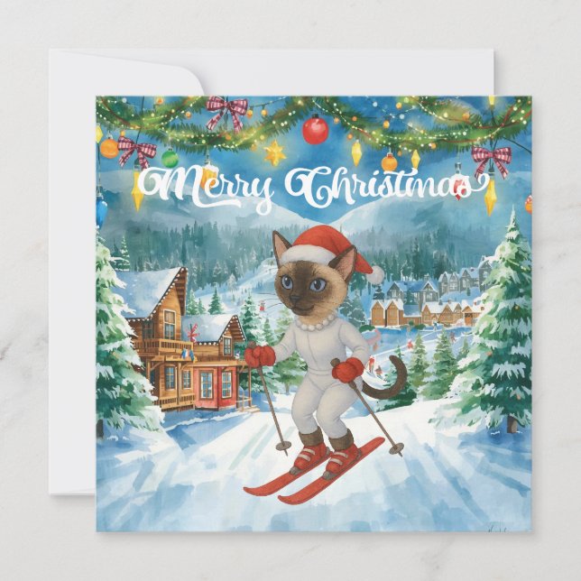 Ski Christmas for Cat Santa Claus Siamese Cat fan Holiday Card (Front)