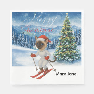 Ski Christmas for Santa Siamese Cat Lovers Snowy Napkin