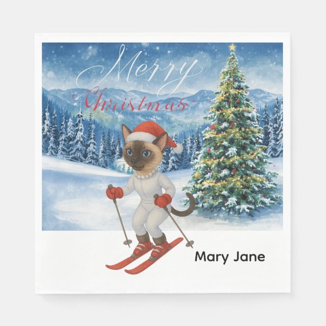 Ski Christmas for Santa Siamese Cat Lovers Snowy  Napkin (Front)