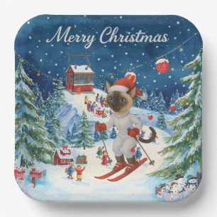 Ski Christmas for Santa Siamese Cat Lovers Snowy Paper Plate