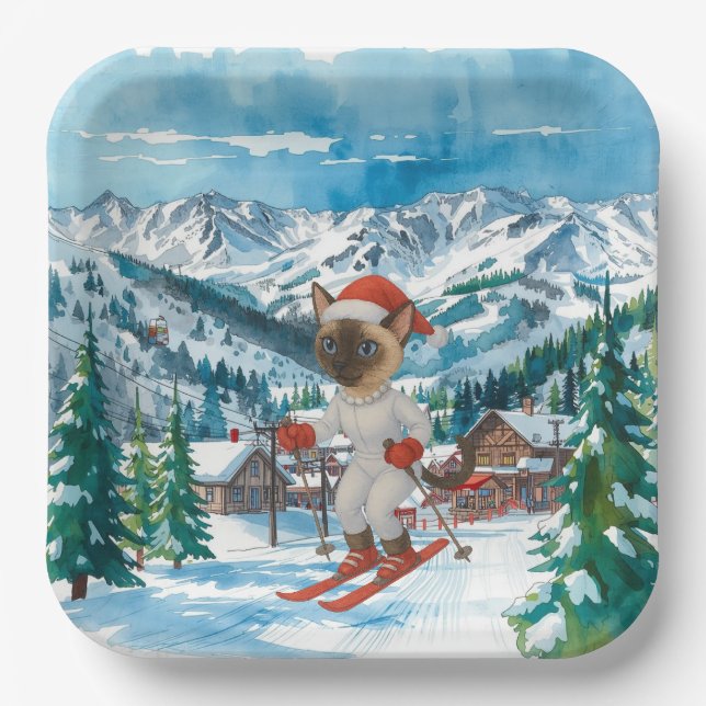 Ski Christmas for Santa Siamese Cat Lovers Snowy  Paper Plate (Front)