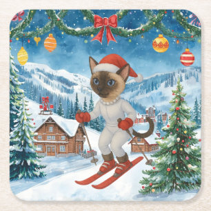Ski Christmas for Santa Siamese Cat Lovers Snowy Square Paper Coaster