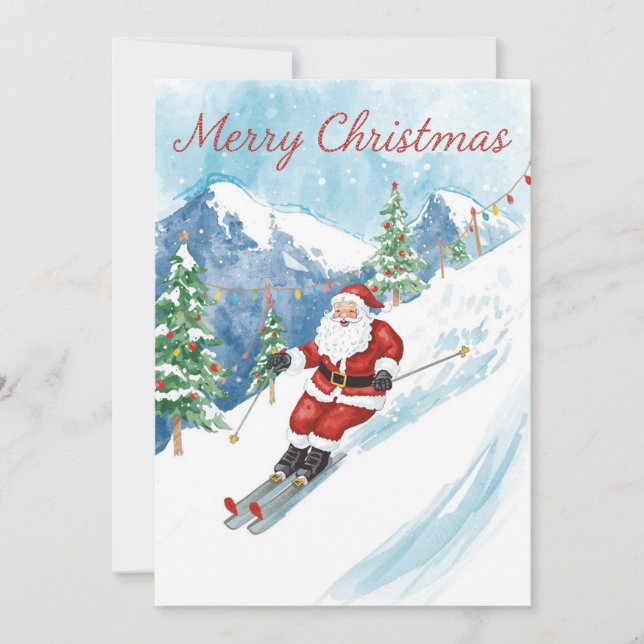 Ski Christmas with Santa Claus on the mountain  Holiday Card (Front)