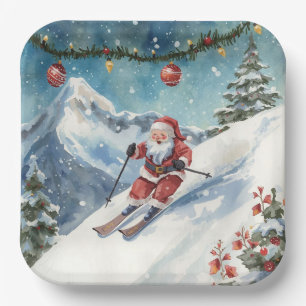 Ski Christmas with Santa Claus on the mountain  Paper Plate