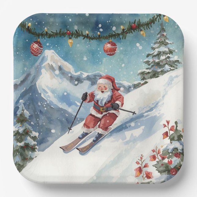 Ski Christmas with Santa Claus on the mountain  Paper Plate (Front)