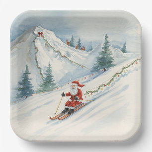 Ski Christmas with Santa Claus on the mountain  Paper Plate