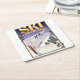 Ski colorado vintage travel poster square paper coaster