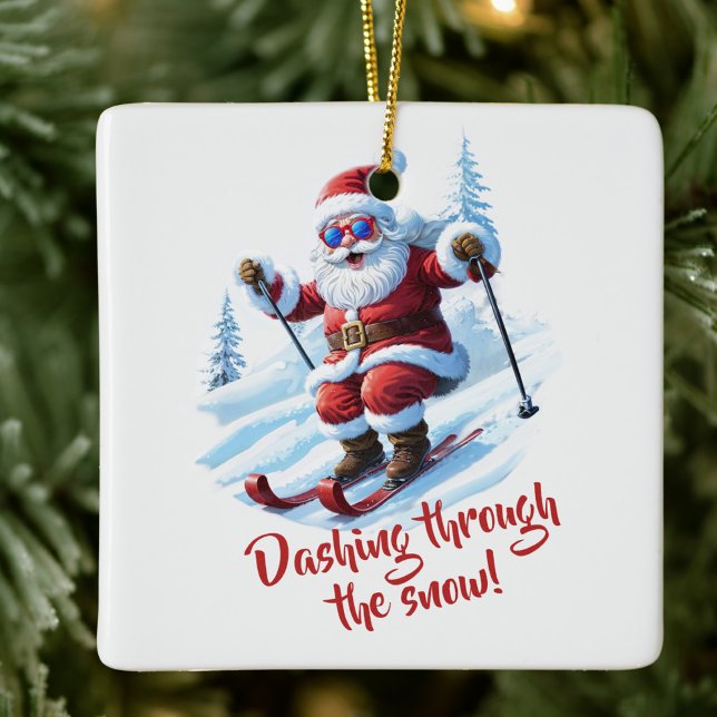 Ski Custom Modern Funky Santa Cute Christmas Ceramic Ornament (Creator Uploaded)