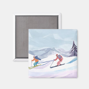 Ski Day Watercolor Winter Mountain Card Magnet
