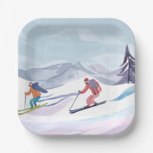 Ski Day   Watercolor Winter Mountain Paper Plate