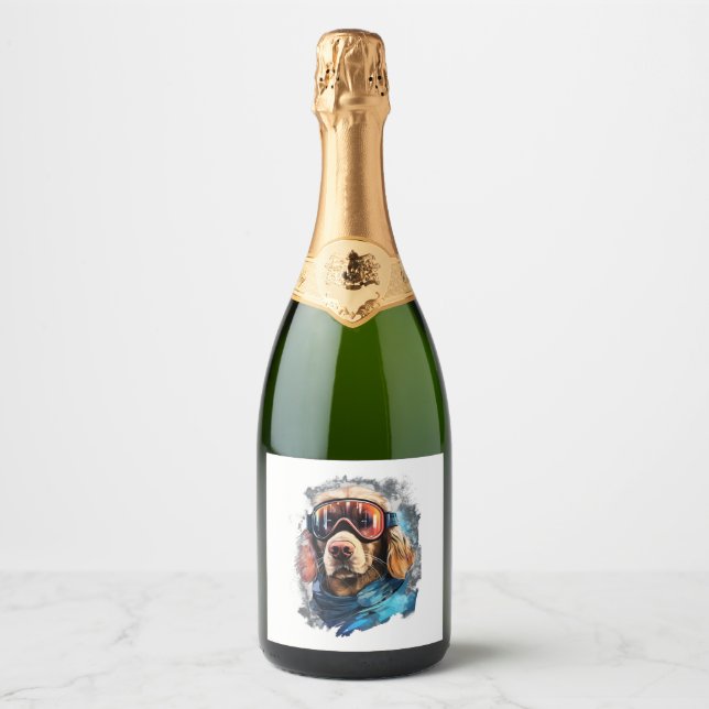 Ski Dog in Ski Googles  6 Sparkling Wine Label (Front)