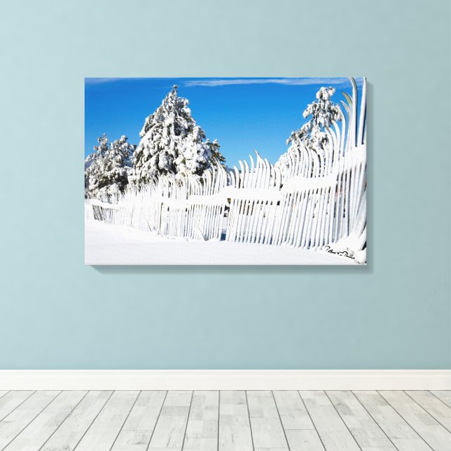 Ski Fence Coated in Snow Photograph Canvas Print (Insitu(Wood Floor))