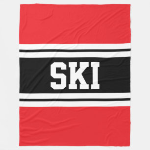 SKI Fun Bold Bright Red Black White Racing Stripes Fleece Blanket