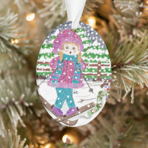 Ski girl oval acrylic Christmas ornament