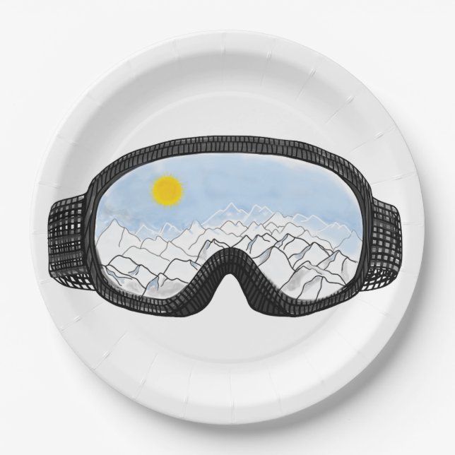 Ski Goggles Mountain View Illustration  Paper Plate (Front)