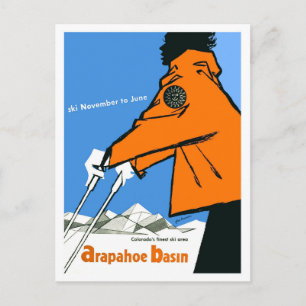 Ski in Colorado, woman in red jacket, vintage Postcard