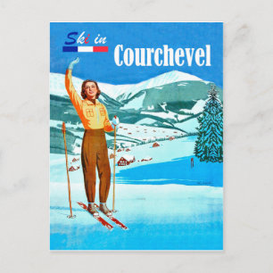 Ski in Courchevel, woman on ski, France Postcard