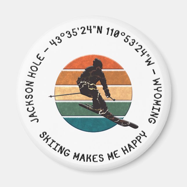 Ski Jackson Hole, Wyoming - Man Skier, Black Text Magnet (Front)