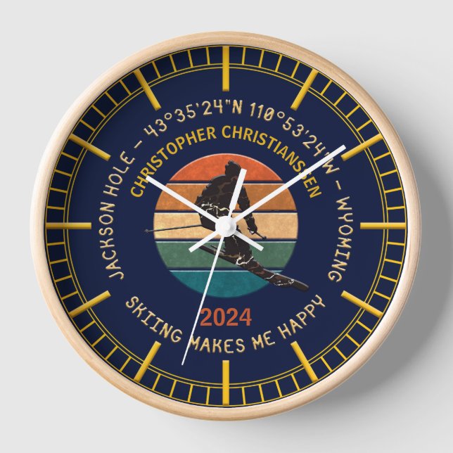 Ski Jackson Hole, Wyoming - Man Skier, Golden Text Clock (Front)