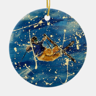 Ski jump splatter art ceramic tree decoration