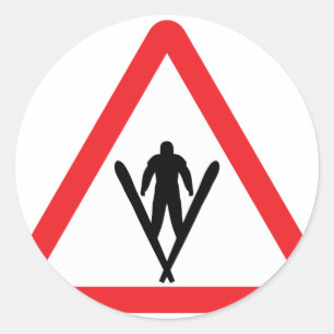 ski jump warning sign classic round sticker