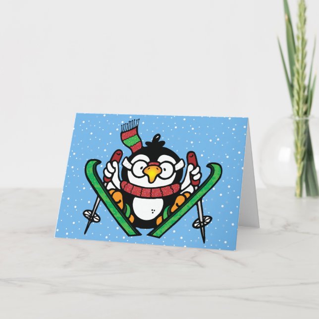Ski Jumping Penguin Holiday Card (Front)