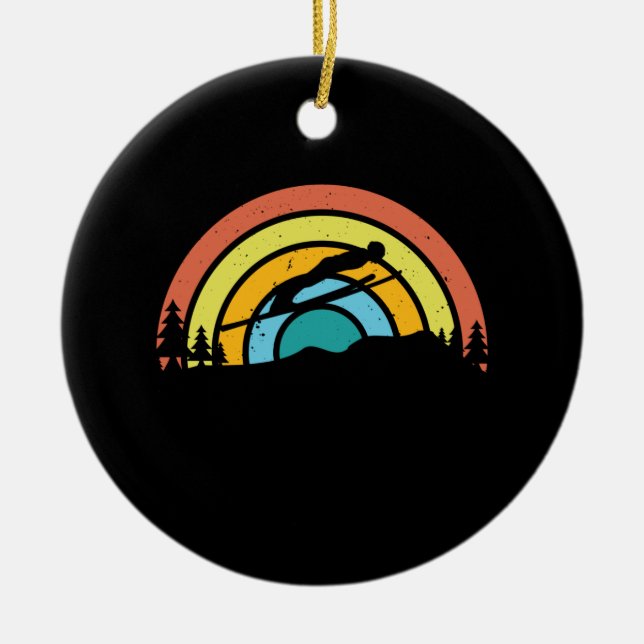 Ski Jumping Retro Ceramic Tree Decoration (Front)