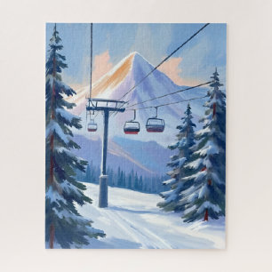 Ski Lift   Mountain Winter Watercolor Skiing Jigsaw Puzzle