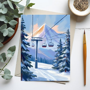 Ski Lift   Mountain Winter Watercolor Skiing Postcard