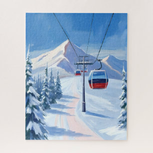 Ski Lift Snow Mountain Gondola Watercolor Jigsaw Puzzle