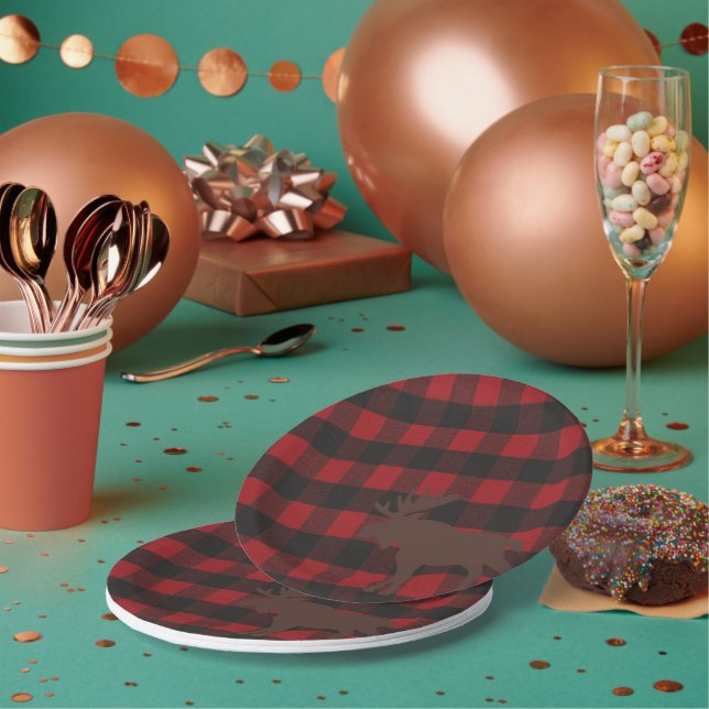 Ski Lodge Moose Plaid Holiday Hostess Party Paper Plate (Multi)