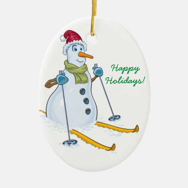 Ski-man Snowman Happy Holidays Ceramic Tree Decoration (Front)