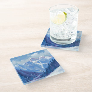 Ski Mountain Blue Watercolor Mountain Range Glass Coaster