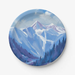 Ski Mountain   Blue Watercolor Mountain Range Paper Plate