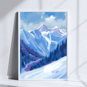Ski Mountain   Blue Watercolor Mountain Range Poster