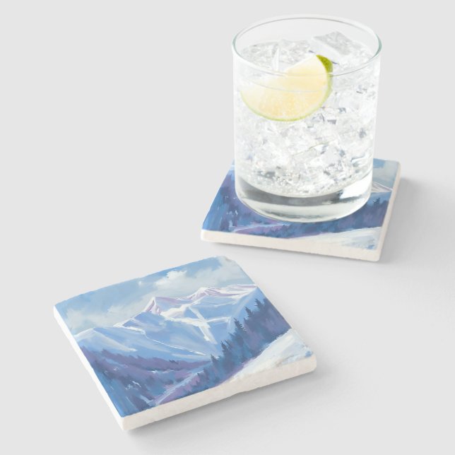 Ski Mountain | Blue Watercolor Mountain Range Stone Coaster (Side)