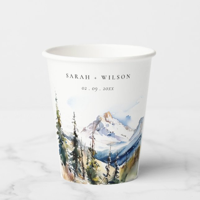 Ski Mountain Telluride Colorado Watercolor Wedding Paper Cups (Front)