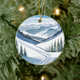 Ski Mountain Watercolor Ceramic Tree Decoration