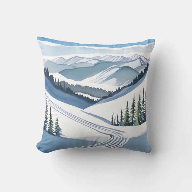 Ski Mountain Watercolor Cushion (Front)