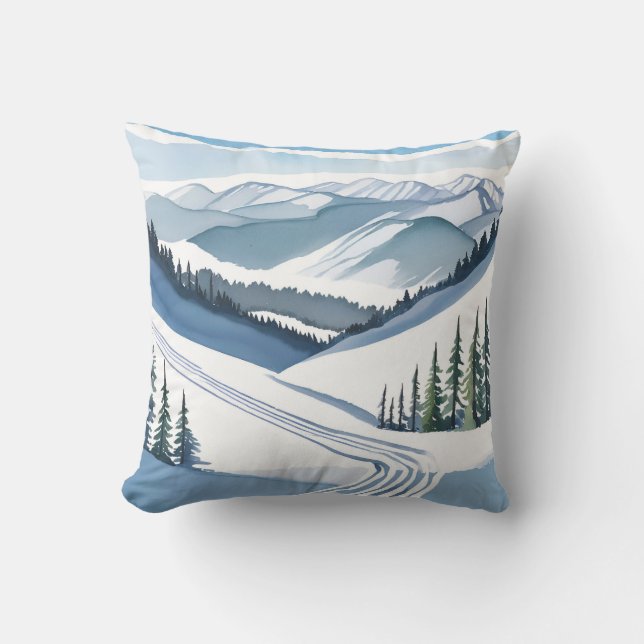 Ski Mountain Watercolor Cushion (Front)